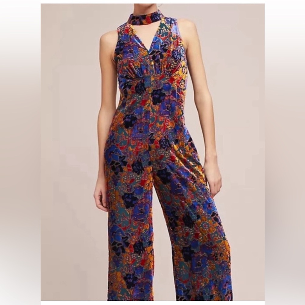 Maeve for Anthropologie burnout velvet jumpsuit in floral halter neck wide leg 0